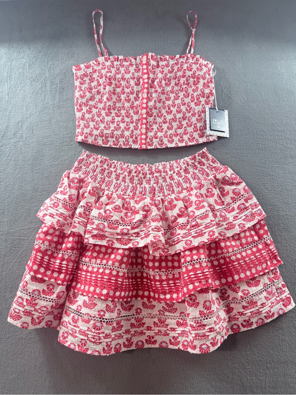 Roller Rabbit - Red & White Floral Smocked Crop Top and Tiered Skirt Set